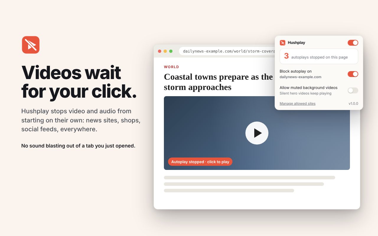 Hushplay: Stop videos and audio from playing on their own.