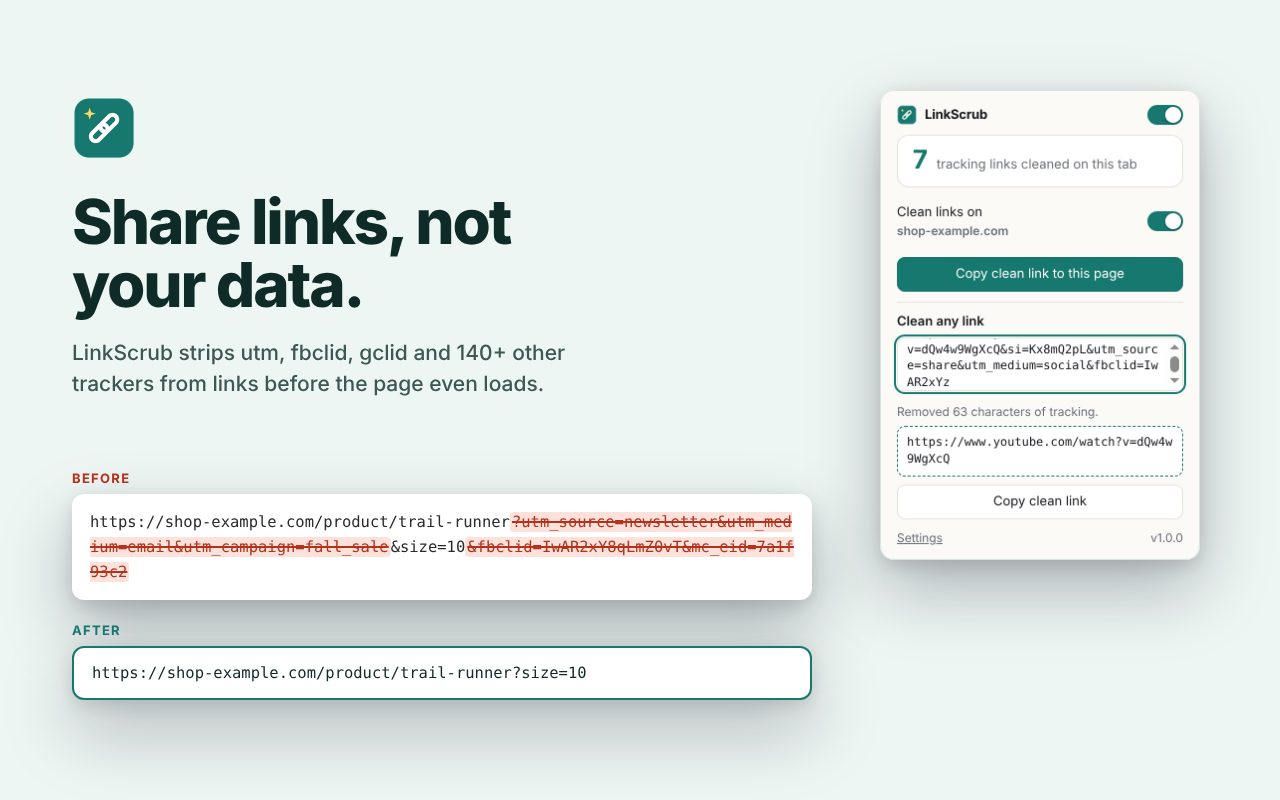 LinkScrub: Remove tracking codes from links.